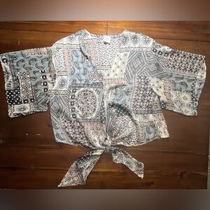 By Together Blue and White Patchwork Tie-Front Blouse